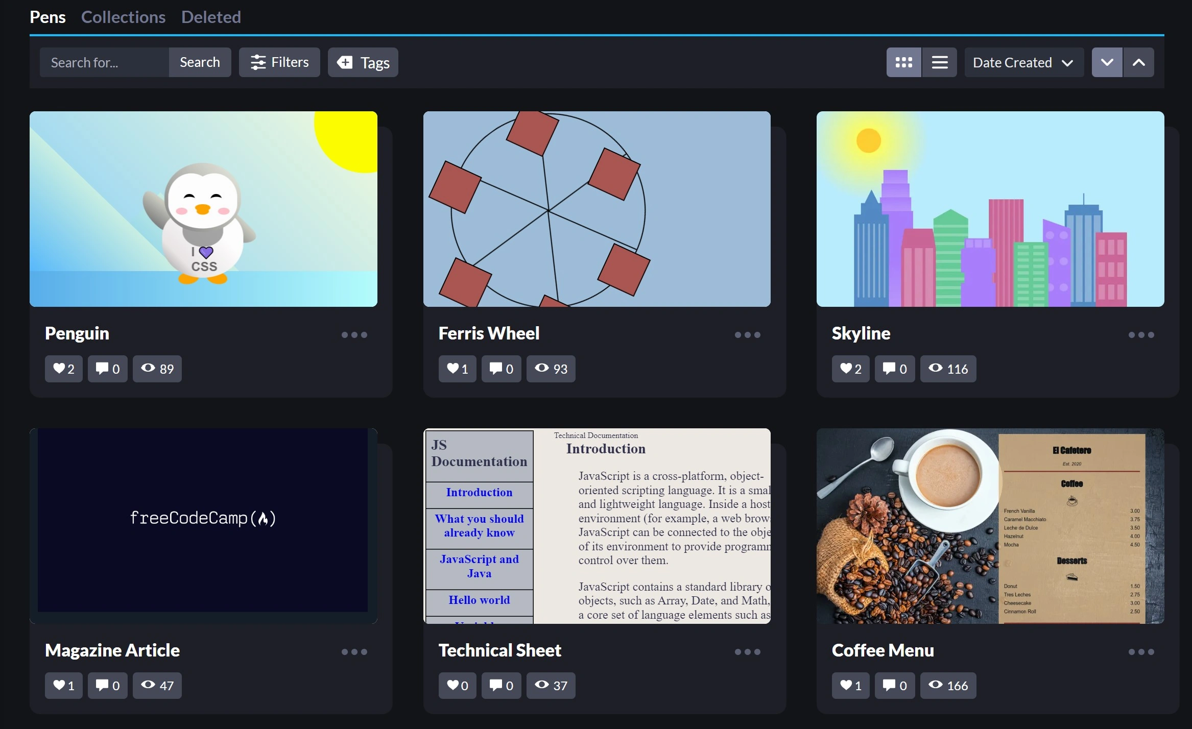 Screenshot of the website Codepen with varios projects